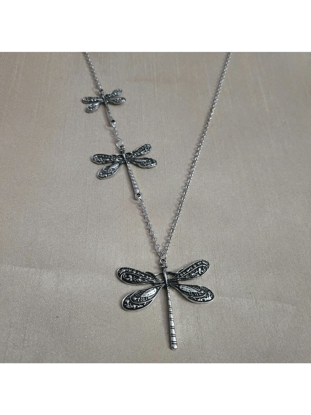 Asymmetrical 3 charm dragonfly boho necklace
